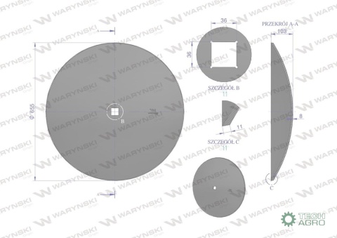 Talerz gładki fi 660 otwór 35x35 stal borowa 8mm Waryński Talerz gładki fi 660 otwór 35x35 stal borowa 8mm Waryński