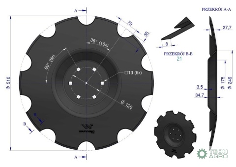 Talerz uzębiony Z-10 fi 510 mocowanie 6/120 grubość 3.5 mm przetłoczony stal borowa WARYŃSKI R Talerz uzębiony Z-10 fi 510 mocowanie 6/120 grubość 3.5 mm przetłoczony stal borowa WARYŃSKI R