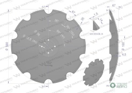 Talerz uzębiony Z-10 fi 560 mocowanie 4/98 grubość 4.5 stal borowa WARYŃSKI R