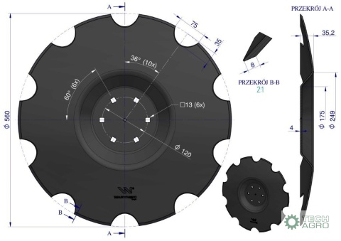 Talerz uzębiony Z-10 fi 560 mocowanie 6/120 grubość 4 mm przetłoczony stal borowa WARYŃSKI R Talerz uzębiony Z-10 fi 560 mocowanie 6/120 grubość 4 mm przetłoczony stal borowa WARYŃSKI R