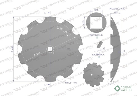 Talerz uzębiony Z-10 fi 660 otwór 40x40stal borowa 8mm Waryński Talerz uzębiony Z-10 fi 660 otwór 40x40stal borowa 8mm Waryński