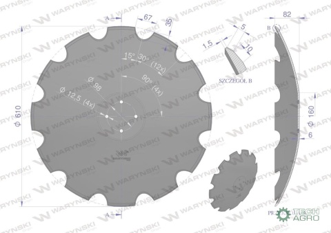Talerz uzębiony Z-12 fi 610 mocowanie 4/98 grubość 6 stal borowa WARYŃSKI R Talerz uzębiony Z-12 fi 610 mocowanie 4/98 grubość 6 stal borowa WARYŃSKI R