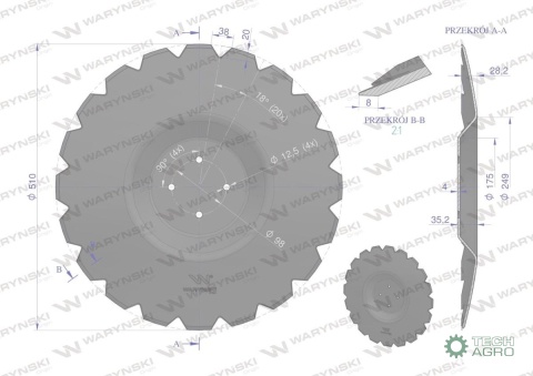 Talerz uzębiony Z-20 fi 510 mocowanie 4/98 grubość 4 mm przetłoczony stal borowa WARYŃSKI R Talerz uzębiony Z-20 fi 510 mocowanie 4/98 grubość 4 mm przetłoczony stal borowa WARYŃSKI R