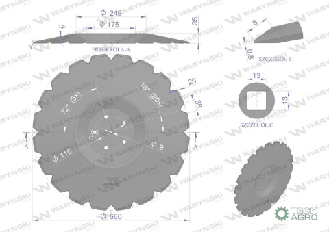 Talerz uzębiony Z-20 fi 560 mocowanie 5/116 przetłoczony grubość 4 mm stal borowa WARYŃSKI R zastosowanie AU/383-560/5 Talerz uzębiony Z-20 fi 560 mocowanie 5/116 przetłoczony grubość 4 mm stal borowa WARYŃSKI R zastosowanie AU/383-560/5