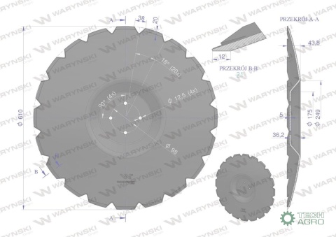 Talerz uzębiony Z-20 fi 610 mocowanie 4/98 grubość 5 mm przetłoczony stal borowa WARYŃSKI R Talerz uzębiony Z-20 fi 610 mocowanie 4/98 grubość 5 mm przetłoczony stal borowa WARYŃSKI R