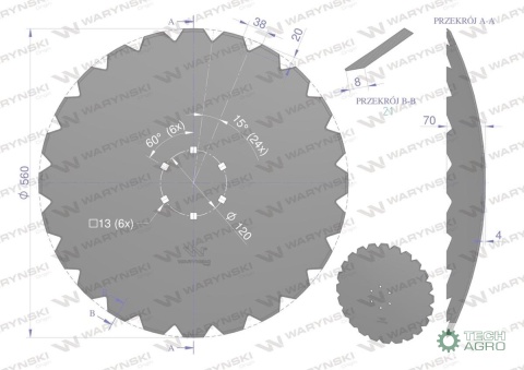 Talerz uzębiony Z-24 fi 560 mocowanie 6/120 grubość 4 mm stal borowa WARYŃSKI R Talerz uzębiony Z-24 fi 560 mocowanie 6/120 grubość 4 mm stal borowa WARYŃSKI R