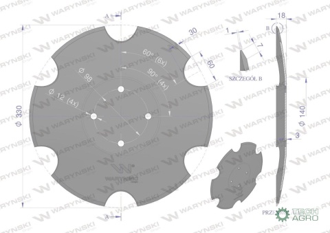 Talerz uzębiony fi 330 otwór 4x98 stal borowa WARYŃSKI R Talerz uzębiony fi 330 otwór 4x98 stal borowa WARYŃSKI R
