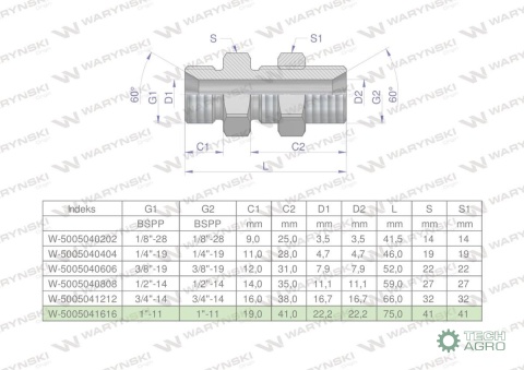 Złączka hydrauliczna calowa grodziowa BB 1" BSP z przeciwnakrętką (XSV) Waryński