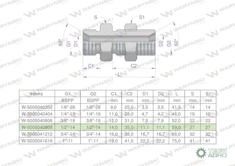 Złączka hydrauliczna calowa grodziowa BB 1/2" BSP z przeciwnakrętką (XSV) Waryński ( sprzedawane po 2 ) Złączka hydrauliczna calowa grodziowa BB 1/2" BSP z przeciwnakrętką (XSV) Waryński ( sprzedawane po 2 )