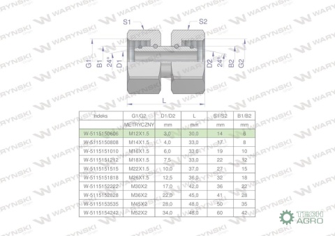 Złączka hydrauliczna metryczna AA M12x1.5 06L Waryński ( sprzedawane po 5 )