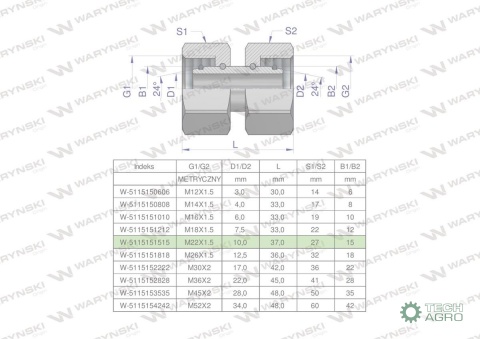 Złączka hydrauliczna metryczna AA M22x1.5 15L Waryński ( sprzedawane po 5 )