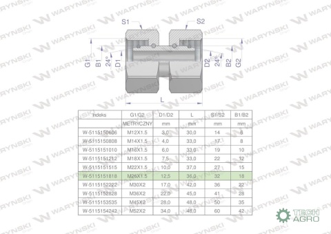 Złączka hydrauliczna metryczna AA M26x1.5 18L Waryński