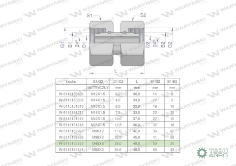 Złączka hydrauliczna metryczna AA M45x2 35L Waryński