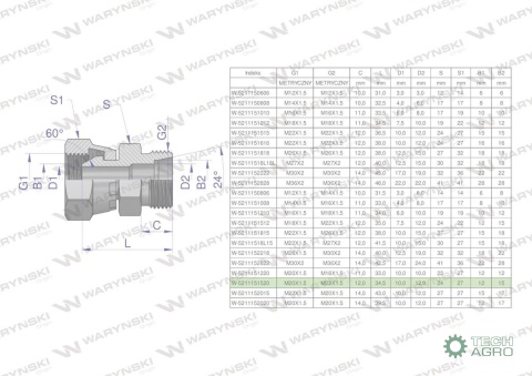 Złączka hydrauliczna metryczna AB (XKOR) A-M20x1.5 (60 stopni) / B-M22x1.5 15L Waryński ( sprzedawane po 2 ) Złączka hydrauliczna metryczna AB (XKOR) A-M20x1.5 (60 stopni) / B-M22x1.5 15L Waryński ( sprzedawane po 2 )