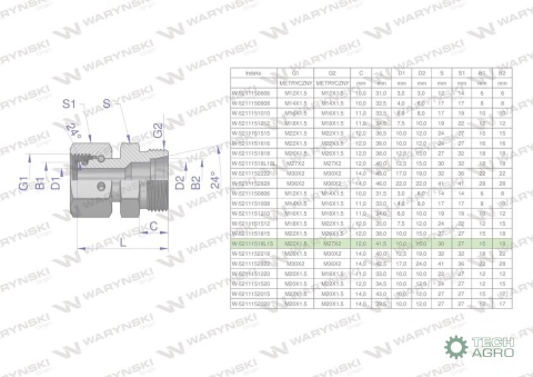 Złączka hydrauliczna metryczna AB (XKOR) A-M22x1.5 15L / B-M27x2 18L Waryński ( sprzedawane po 2 ) Złączka hydrauliczna metryczna AB (XKOR) A-M22x1.5 15L / B-M27x2 18L Waryński ( sprzedawane po 2 )
