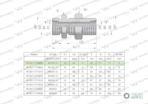 Złączka hydrauliczna metryczna grodziowa BB M12x1.5 06L z przeciwnakrętką (XSV) Waryński ( sprzedawane po 2 )