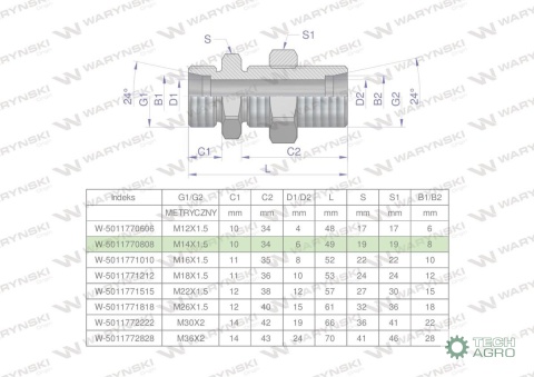 Złączka hydrauliczna metryczna grodziowa BB M14x1.5 08L z przeciwnakrętką (XSV) Waryński ( sprzedawane po 2 )