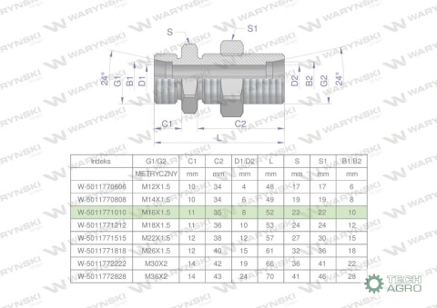 Złączka hydrauliczna metryczna grodziowa BB M16x1.5 10L z przeciwnakrętką (XSV) Waryński ( sprzedawane po 2 )