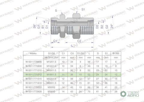 Złączka hydrauliczna metryczna grodziowa BB M18x1.5 12L z przeciwnakrętką (XSV) Waryński ( sprzedawane po 2 )