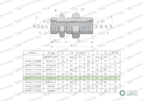 Złączka hydrauliczna metryczna grodziowa BB M22x1.5 15L z przeciwnakrętką (XSV) Waryński ( sprzedawane po 2 )