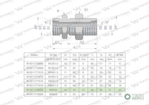 Złączka hydrauliczna metryczna grodziowa BB M30x2 22L z przeciwnakrętką (XSV) Waryński