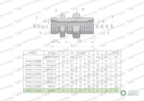Złączka hydrauliczna metryczna grodziowa BB M36x2 28L z przeciwnakrętką (XSV) Waryński