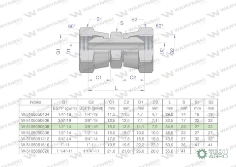 Złączka hydrauliczna redukcyjna calowa AA 3/8" x 1/2" BSP Waryński ( sprzedawane po 2 ) Złączka hydrauliczna redukcyjna calowa AA 3/8" x 1/2" BSP Waryński ( sprzedawane po 2 )