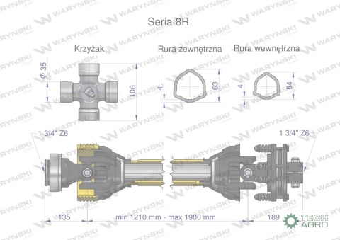 Wał przegubowo-teleskopowy 1210-1900mm1240Nm sprzęgło cierne 1700Nm Z6 - 1 3/4 z dwóch stron CE 2020 seria 8R Waryński Wał przegubowo-teleskopowy 1210-1900mm1240Nm sprzęgło cierne 1700Nm Z6 - 1 3/4 z dwóch stron CE 2020 seria 8R Waryński