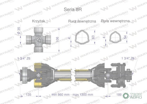 Wał przegubowo-teleskopowy 860-1300mm1240Nm sprzęgło cierne 1700Nm Z6 - 1 3/4 z obu stron CE 2020 seria 8R Waryński Wał przegubowo-teleskopowy 860-1300mm1240Nm sprzęgło cierne 1700Nm Z6 - 1 3/4 z obu stron CE 2020 seria 8R Waryński