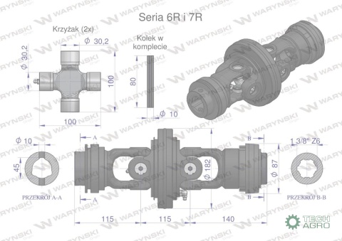 Przegub szerokokątny kpl. wału Seria 6R7R na rurę 45x5.5 - 1 3/8 Z6 WARYŃSKI