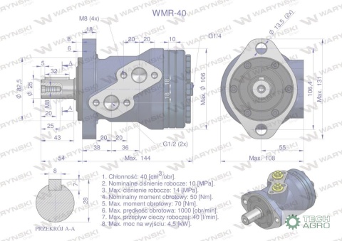 Silnik hydrauliczny orbitalny WMR 40 cm3/obr (100 bar / max.200 bar) Waryński
