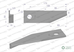 Nóż obrotowy rozdrabniacz słomy sieczkarnia podgięty lewy 173x50x4.5mm otwór 18 zastosowanie 87031976 New Holland WARYŃSKI ( spr