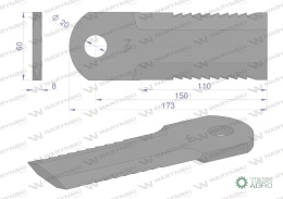 Nóż obrotowy rozdrabniacz słomy sieczkarnia uzębiony 173x60x8mm otwór 20 zastosowanie 270093250 Krone WARYŃSKI ( sprzedawane po 