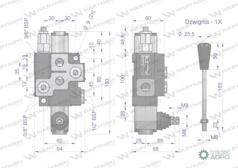 Rozdzielacz hydrauliczny 1-sekcyjny max przepływ 40L Waryński Rozdzielacz hydrauliczny 1-sekcyjny max przepływ 40L Waryński