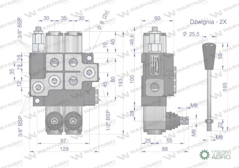 Rozdzielacz hydrauliczny 2-sekcyjny max przepływ 40L (1-sekcja nurnikowa) Waryński Rozdzielacz hydrauliczny 2-sekcyjny max przepływ 40L (1-sekcja nurnikowa) Waryński