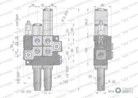 Rozdzielacz hydrauliczny 2-sekcyjny max przepływ 40L 1-sekcja pływająca - sterowany na linkę Waryński Rozdzielacz hydrauliczny 2-sekcyjny max przepływ 40L 1-sekcja pływająca - sterowany na linkę Waryński