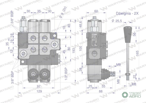 Rozdzielacz hydrauliczny 2-sekcyjny max przepływ 40L (1 sekcja - z zatrzaskiem) Waryński Rozdzielacz hydrauliczny 2-sekcyjny max przepływ 40L (1 sekcja - z zatrzaskiem) Waryński