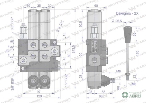 Rozdzielacz hydrauliczny 2-sekcyjny max przepływ 40L (2 sekcje - pływające) Waryński Rozdzielacz hydrauliczny 2-sekcyjny max przepływ 40L (2 sekcje - pływające) Waryński