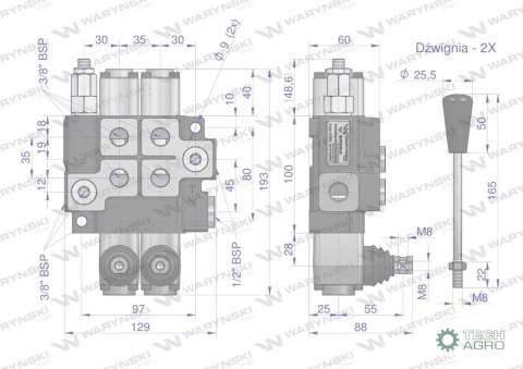 Rozdzielacz hydrauliczny 2-sekcyjny max przepływ 40L Waryński Rozdzielacz hydrauliczny 2-sekcyjny max przepływ 40L Waryński
