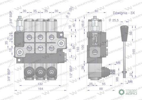 Rozdzielacz hydrauliczny 3-sekcyjny max przepływ 40L (1 sekcja - z zatrzaskiem) Waryński Rozdzielacz hydrauliczny 3-sekcyjny max przepływ 40L (1 sekcja - z zatrzaskiem) Waryński