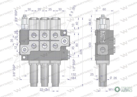 Rozdzielacz hydrauliczny 3-sekcyjny max przepływ 40L sterowany na linkę Waryński Rozdzielacz hydrauliczny 3-sekcyjny max przepływ 40L sterowany na linkę Waryński