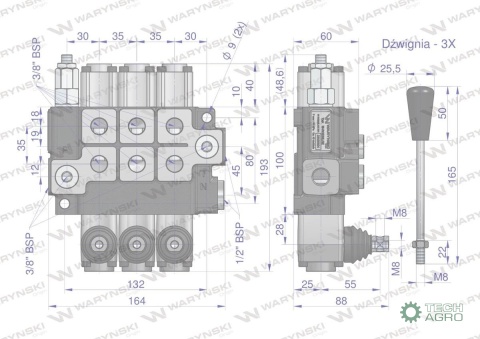 Rozdzielacz hydrauliczny 3-sekcyjny max przepływ 40L z zatrzaskami Waryński Rozdzielacz hydrauliczny 3-sekcyjny max przepływ 40L z zatrzaskami Waryński