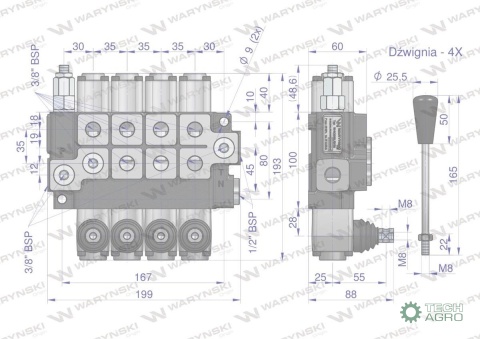 Rozdzielacz hydrauliczny 4-sekcyjny max przepływ 40L (1-sekcja nurnikowa) Waryński Rozdzielacz hydrauliczny 4-sekcyjny max przepływ 40L (1-sekcja nurnikowa) Waryński