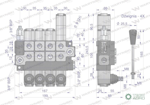 Rozdzielacz hydrauliczny 4-sekcyjny max przepływ 40L (1-sekcja pływająca) Waryński Rozdzielacz hydrauliczny 4-sekcyjny max przepływ 40L (1-sekcja pływająca) Waryński