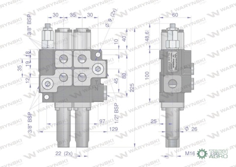 Rozdzielacz hydrauliczny dwusekcyjny (2) 40L sterowany joystickiem Waryński
