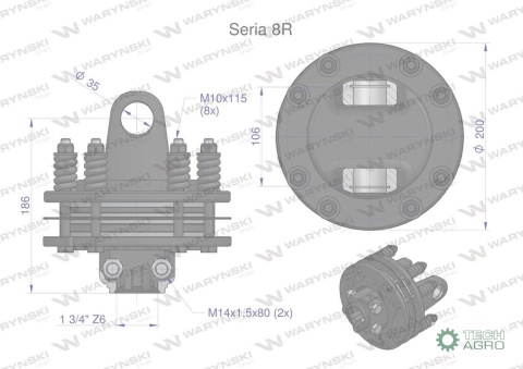 Sprzęgło cierne 4 tarczowe wału Seria 8R 1700Nm - 35x106 - 1 3/4 Z6 WARYŃSKI Sprzęgło cierne 4 tarczowe wału Seria 8R 1700Nm - 35x106 - 1 3/4 Z6 WARYŃSKI
