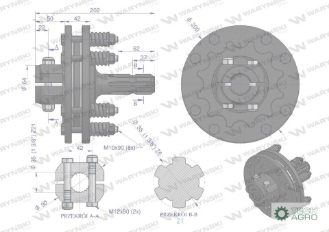 Sprzęgło zewnętrzne cierne wału 1200Nm - otwór 1 3/8 Z21 wałek 1 3/8 Z6 Waryński Sprzęgło zewnętrzne cierne wału 1200Nm - otwór 1 3/8 Z21 wałek 1 3/8 Z6 Waryński
