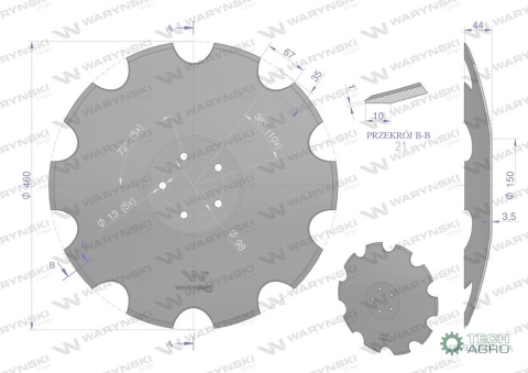 Talerz, uzębiony Z-10 fi 460 mocowanie5/98 grubość 3,5 mm stal borowa prosta piasta, Waryński Talerz, uzębiony Z-10 fi 460 mocowanie5/98 grubość 3,5 mm stal borowa prosta piasta, Waryński