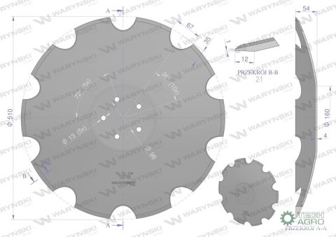 Talerz, uzębiony Z-10 fi 510 mocowanie5/98 grubość 4 mm stal borowa prosta piasta, Waryński Talerz, uzębiony Z-10 fi 510 mocowanie5/98 grubość 4 mm stal borowa prosta piasta, Waryński