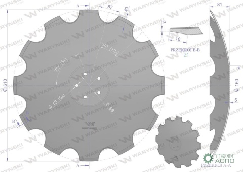 Talerz, uzębiony Z-12 fi 610 mocowanie5/98 grubość 5 mm stal borowa prosta piasta, Waryński Talerz, uzębiony Z-12 fi 610 mocowanie5/98 grubość 5 mm stal borowa prosta piasta, Waryński